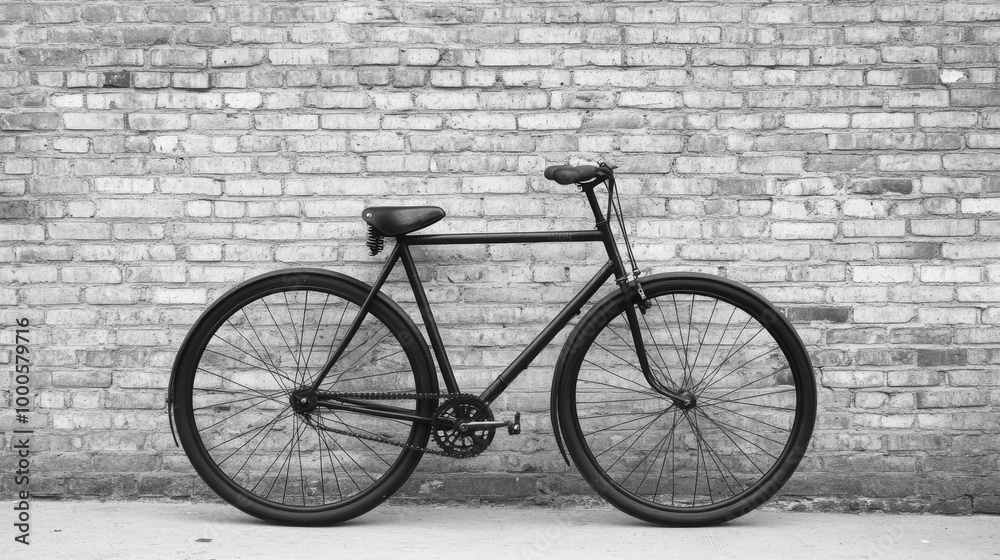 A black bicycle leaning against a brick wall, the simplicity of the design enhanced by the urban setting. A black bicycle leaning against a brick wall, the simplicity of the design enhanced by the urban setting.