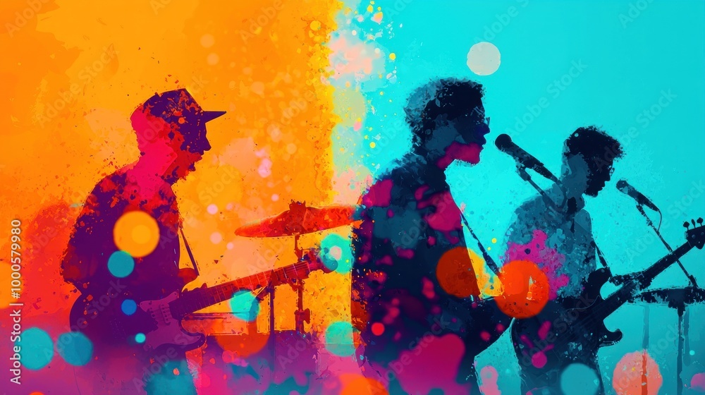 Vibrant silhouettes of musicians performing live, surrounded by colorful splashes and dots, creating an energetic and artistic atmosphere. Vibrant silhouettes of musicians performing live, surrounded by colorful splashes and dots, creating an energetic and artistic atmosphere.