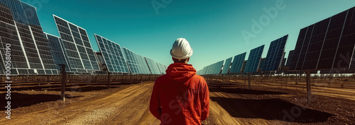 Engineer standing at Solar cell panel farm factory. photo