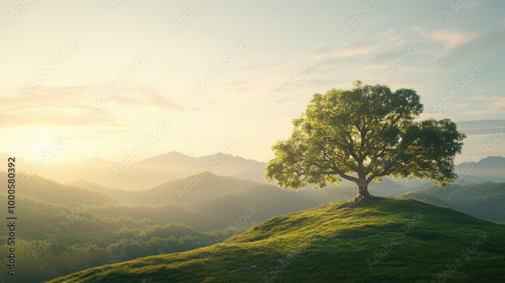 A lone tree stands majestically atop a verdant hill, bathed in the golden light of sunrise, overlooking rolling mountains covered in mist. A lone tree stands majestically atop a verdant hill, bathed in the golden light of sunrise, overlooking rolling mountains covered in mist.