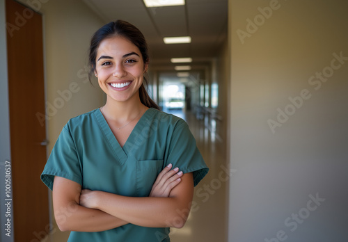 Smiling Latina nurse wearing green scrubs in a bright and inviting hospital hallway