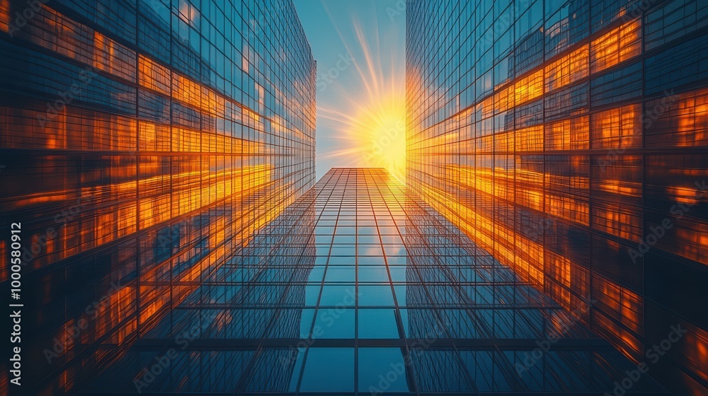 Sunset Reflected in Modern Glass Skyscraper Architecture
