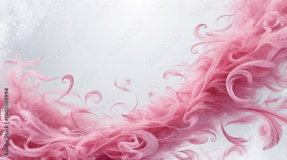 A mesmerizing high-contrast illustration of delicate feathery pink smoke texture with intricate swirling patterns against a pristine snowy white background A mesmerizing high-contrast illustration of delicate feathery pink smoke texture with intricate swirling patterns against a pristine snowy white background