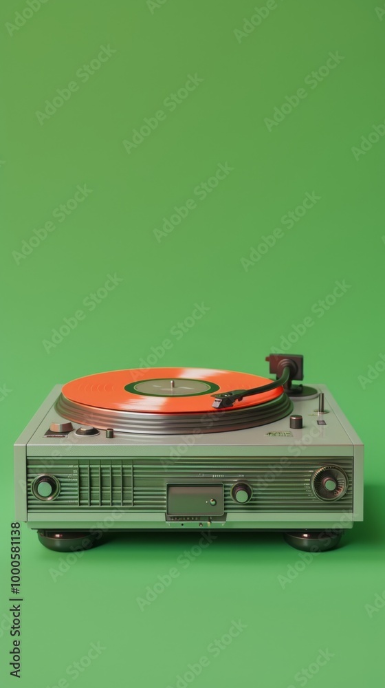 A classic silver vinyl record player holds a bright orange record, set against a green background. The sleek design, combined with bold colors, evokes a sense of timeless music and vintage charm. A classic silver vinyl record player holds a bright orange record, set against a green background. The sleek design, combined with bold colors, evokes a sense of timeless music and vintage charm.