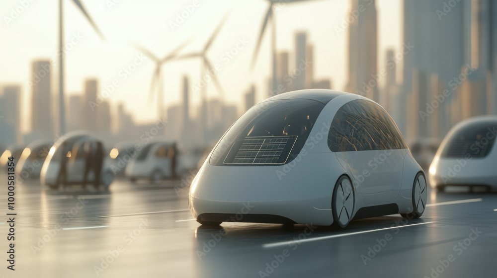 Futuristic autonomous electric vehicles drive on a modern road, with ...