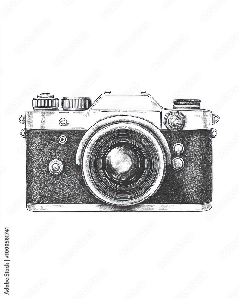 A hand-drawn illustration of an old film camera, in black and white, on a white background. A hand-drawn illustration of an old film camera, in black and white, on a white background.