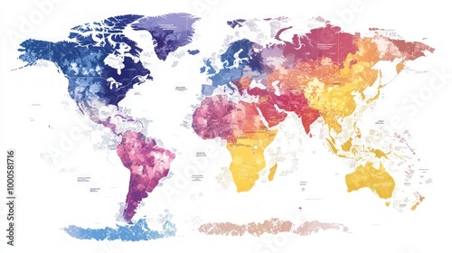 Global Threatened Languages Map, vibrant representation of endangered languages, color gradients show risk levels, icons illustrate linguistic diversity, annotations detail preservation efforts. photo