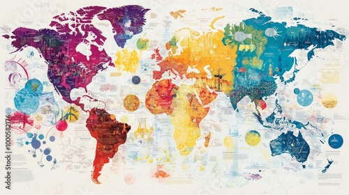 Global Language Families Map displaying the worldwide distribution of major language families, vibrant colors for each family, icons indicating linguistic diversity, annotations on language evolution. photo