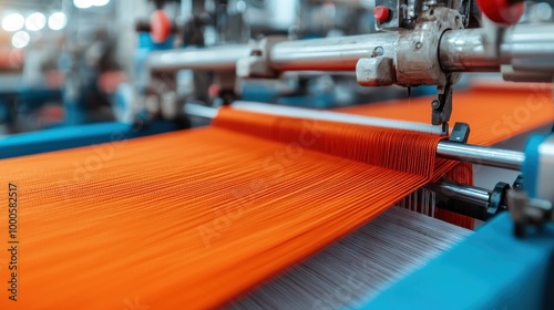 A vibrant orange fabric rolls through a textile machine, showcasing modern production techniques in a busy manufacturing environment.