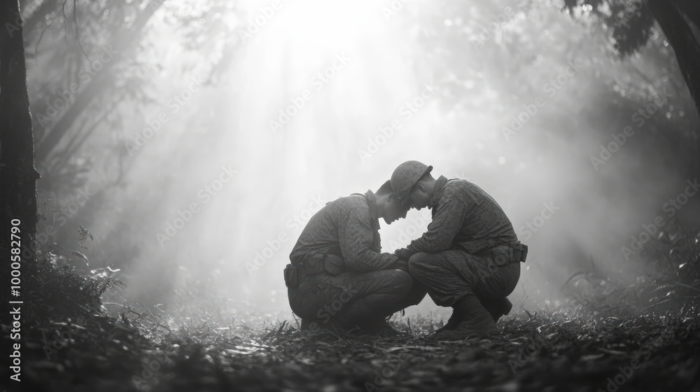 Obraz premium an intimate scene of soldiers helping each other in the midst of conflict. One soldier tends to the wounds of another under the cover of the jungle canopy, their faces etched with fatigue but filled w