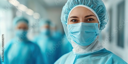 A healthcare worker in blue scrubs and a mask stands confidently in a hospital corridor, symbolizing professionalism and care in medicine.