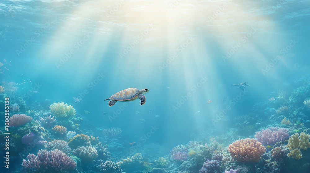 Fototapeta premium A sea turtle gracefully swims through sunlit, crystal-clear waters above a vibrant coral reef teeming with colorful marine life.