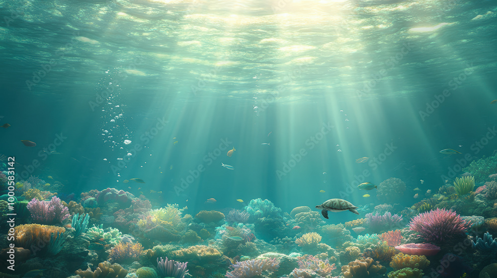 Sunlight pierces the ocean surface, illuminating vibrant coral reefs and a peacefully swimming sea turtle in this serene underwater scene.