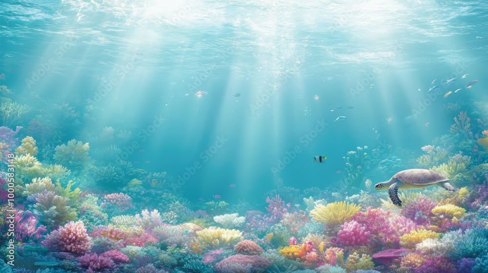 Fototapeta premium A vibrant underwater scene featuring a majestic sea turtle swimming over a colorful coral reef, illuminated by rays of sunlight penetrating the water.