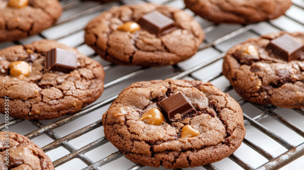 Freshly baked chocolate cookies with caramel chips and chocolate chunks cooling on a wire rack, ready to be enjoyed. Freshly baked chocolate cookies with caramel chips and chocolate chunks cooling on a wire rack, ready to be enjoyed.