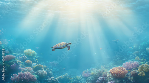 A sea turtle gracefully swims through sunlit, crystal-clear waters above a vibrant coral reef teeming with colorful marine life.