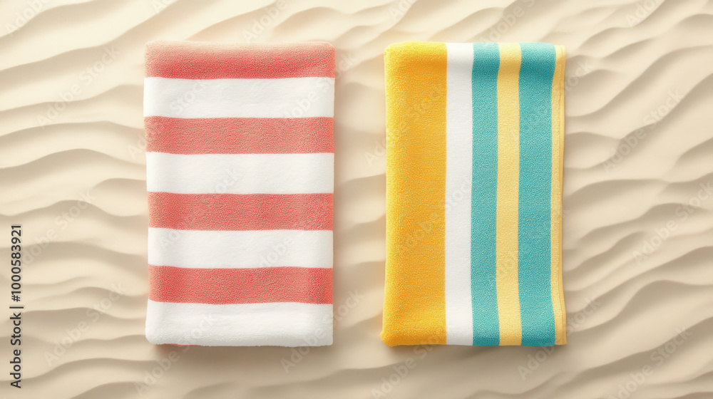 Two folded beach towels with colorful striped patterns on a sandy, textured background. Perfect for a sunny day at the beach. Two folded beach towels with colorful striped patterns on a sandy, textured background. Perfect for a sunny day at the beach.