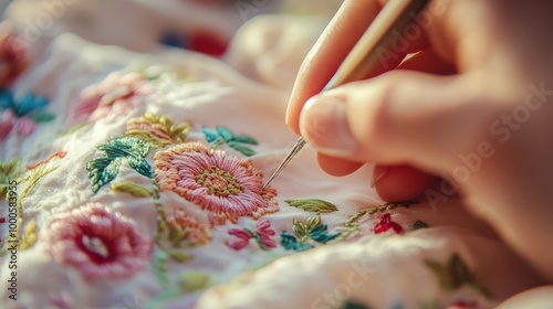 A fine embroidery needle being used to stitch an intricate floral design on a delicate handkerchief.