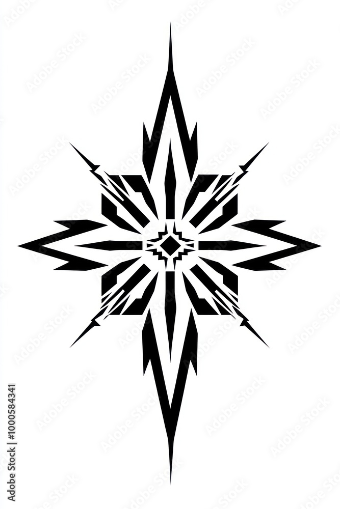 Fototapeta premium A symmetrical black and white geometric starburst shape, with a sharp point in the center, radiating out to form eight points on a white background.