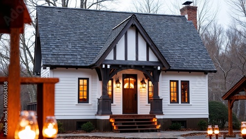 small Tudor-style house with a steeply pitched, gray shingled roof and white walls accented by dark wooden beams. The front of the house features a cozy porch with wooden steps and railings