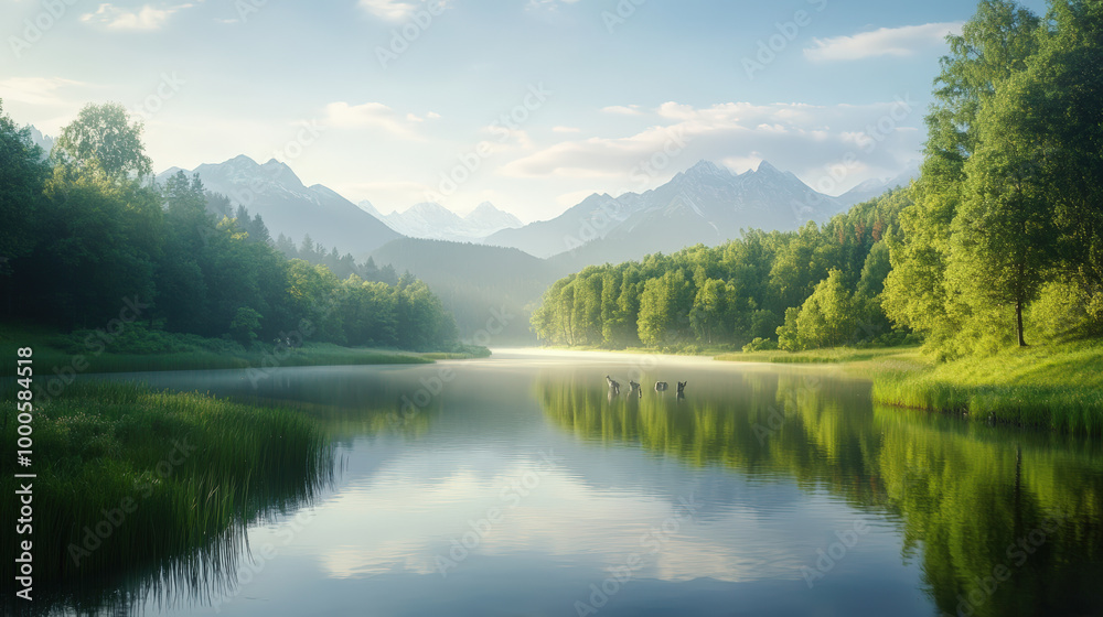 A serene lake nestled between lush forests and distant mountains under a soft, morning light, reflecting a tranquil and picturesque natural landscape. A serene lake nestled between lush forests and distant mountains under a soft, morning light, reflecting a tranquil and picturesque natural landscape.