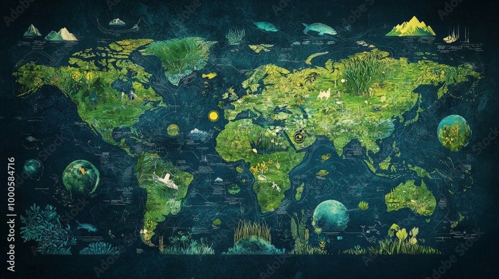 Global Freshwater Ecosystems Overview, detailed map showcasing lakes, rivers, wetlands, biodiversity indicators, conservation icons, insights on habitat significance and threats. Global Freshwater Ecosystems Overview, detailed map showcasing lakes, rivers, wetlands, biodiversity indicators, conservation icons, insights on habitat significance and threats.