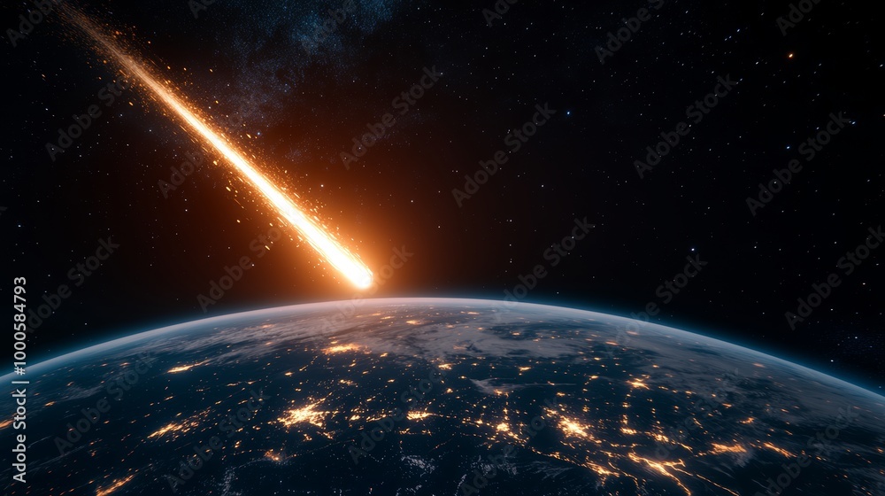 Fototapeta premium Large asteroid is approaching earth against background of endless space. Blazing asteroid hurtling towards Earth with glowing fire trail, cosmic view illuminated cities visible on planet's surface