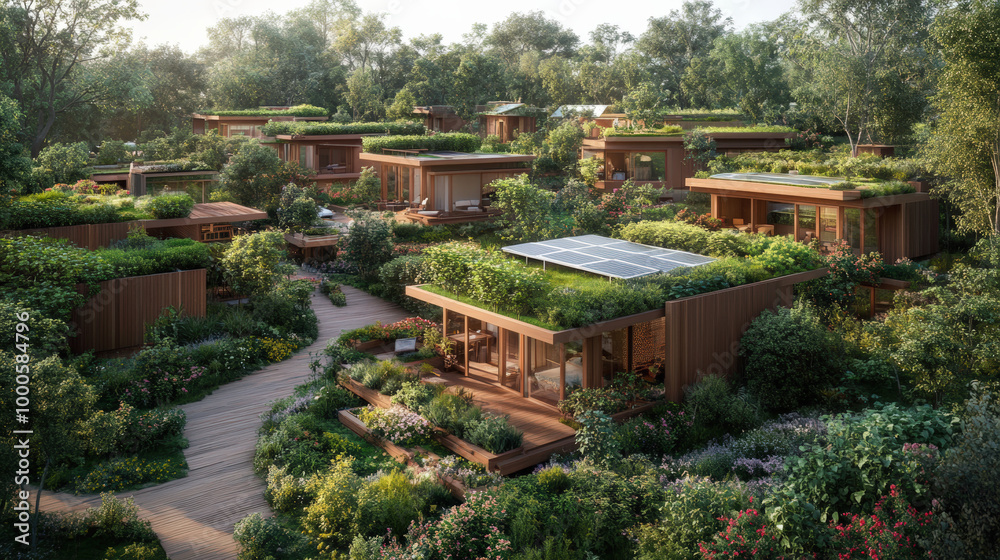 Obraz premium A serene eco-village with modern wooden houses featuring lush green roofs and seamless integration with the surrounding natural landscape.