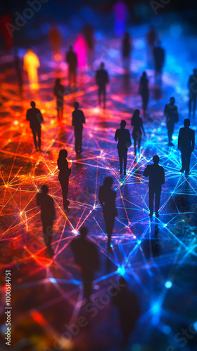 image depicts abstract silhouettes of people connected by glowing network of paths, creating vibrant and dynamic atmosphere. interplay of colors and lights evokes sense of connection and interaction photo