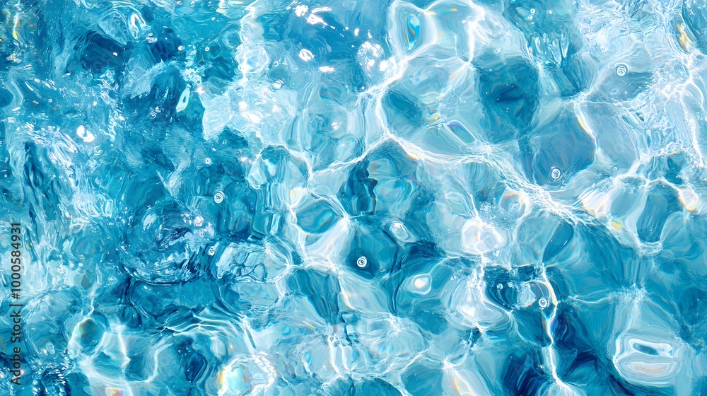 1. A mesmerizing texture of transparent blue water surface, featuring gentle ripples, splashes, and bubbles, illuminated by warm sunlight, creating an abstract summer feel 1. A mesmerizing texture of transparent blue water surface, featuring gentle ripples, splashes, and bubbles, illuminated by warm sunlight, creating an abstract summer feel