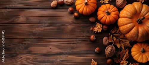 Happy Thanksgiving Day With Pumpkin And Nut On Wooden Background