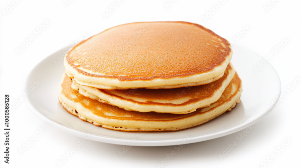 A stack of three golden-brown pancakes sits on a white plate, ready to be enjoyed for breakfast or brunch. A stack of three golden-brown pancakes sits on a white plate, ready to be enjoyed for breakfast or brunch.