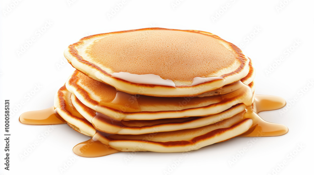 A stack of golden pancakes drizzled with syrup on a white background, ready to be enjoyed for breakfast. A stack of golden pancakes drizzled with syrup on a white background, ready to be enjoyed for breakfast.