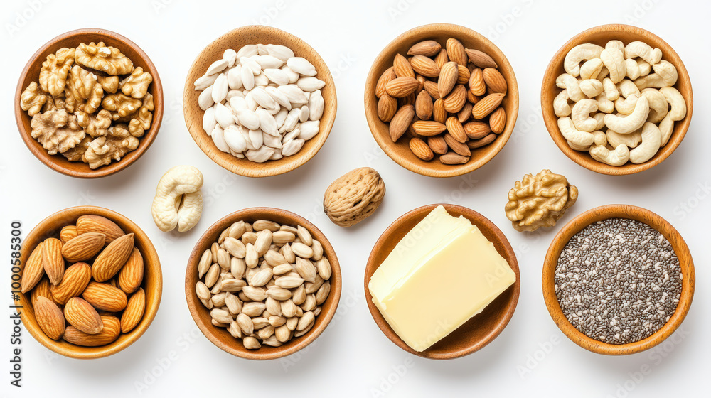 A variety of nuts and seeds, including almonds, cashews, and chia seeds, displayed in small wooden bowls on a white background. A variety of nuts and seeds, including almonds, cashews, and chia seeds, displayed in small wooden bowls on a white background.