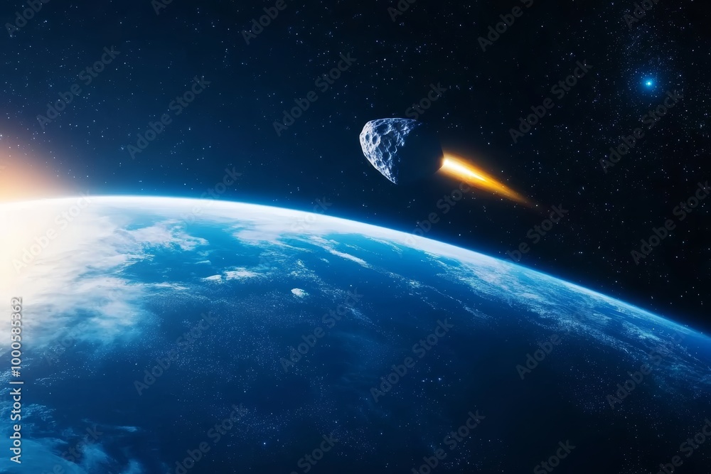 Large asteroid is approaching earth against background of endless space. Blazing asteroid hurtling towards Earth with glowing fire trail, cosmic view illuminated cities visible on planet's surface Large asteroid is approaching earth against background of endless space. Blazing asteroid hurtling towards Earth with glowing fire trail, cosmic view illuminated cities visible on planet's surface