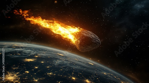 Large asteroid is approaching earth against background of endless space. Blazing asteroid hurtling towards Earth with glowing fire trail, cosmic view illuminated cities visible on planet's surface