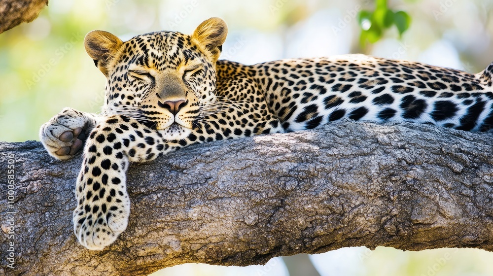 A leopard relaxing after a meal, its body draped over a low tree branch as it lazily watches the world around it. A leopard relaxing after a meal, its body draped over a low tree branch as it lazily watches the world around it.