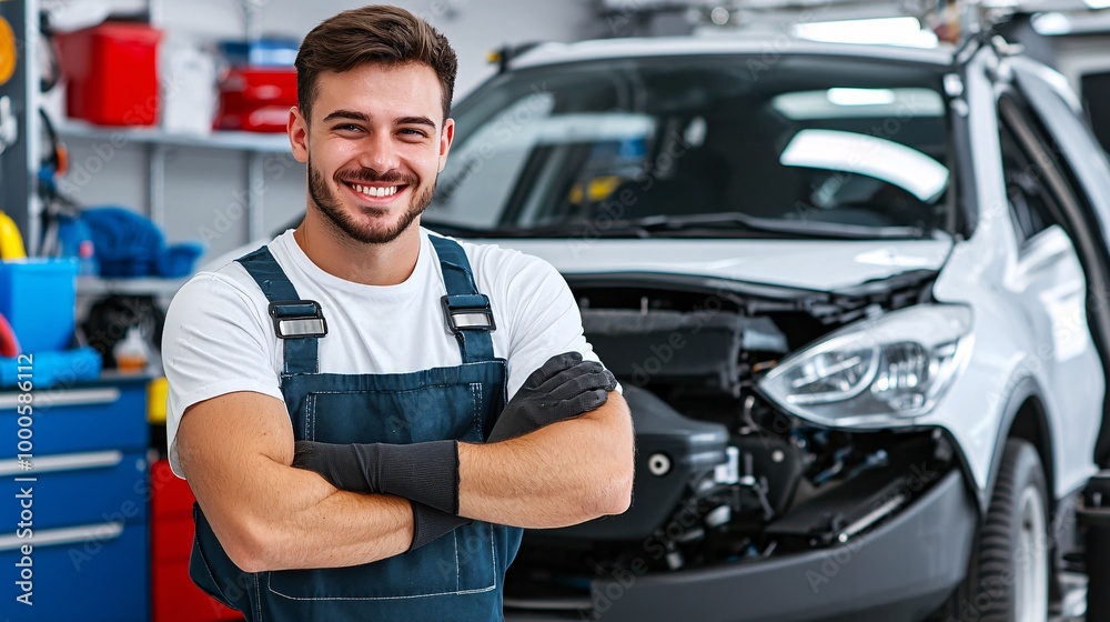 Smiling Mechanic in Auto Repair Garage with Vehicle