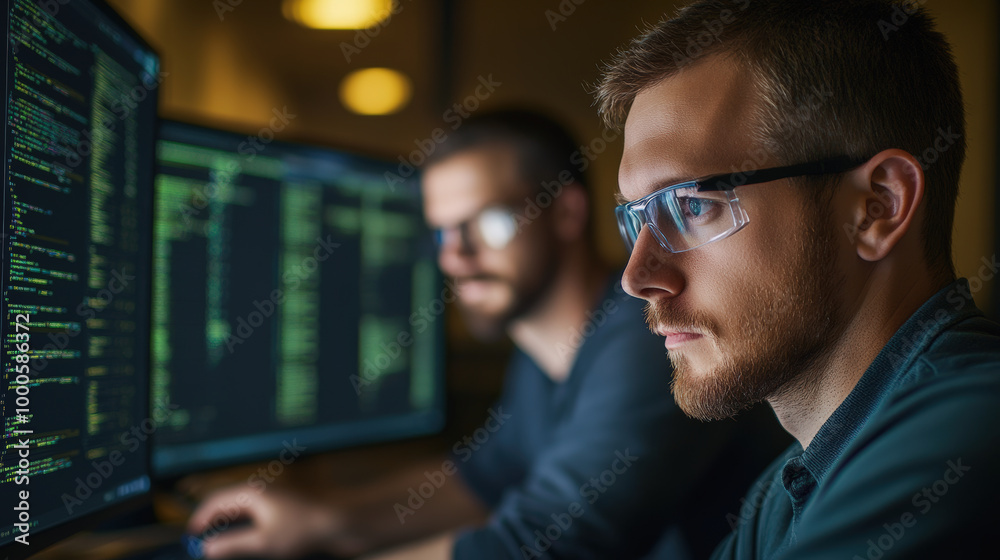 Two focused software developers work late, coding on multiple screens with green terminal text in a dimly-lit room. Two focused software developers work late, coding on multiple screens with green terminal text in a dimly-lit room.