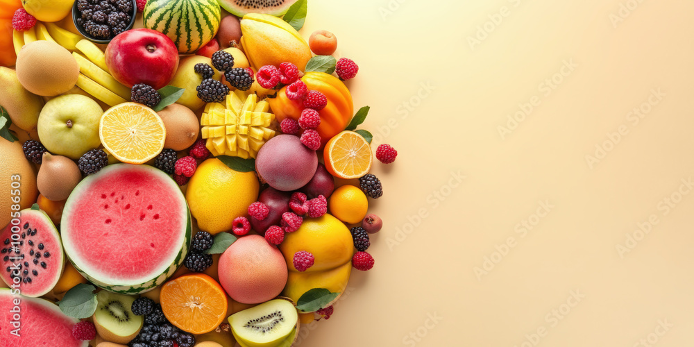 A vibrant assortment of fresh fruits, including watermelon, kiwi, oranges, berries, and mangoes, arranged on a light background, creating a colorful and appetizing display. A vibrant assortment of fresh fruits, including watermelon, kiwi, oranges, berries, and mangoes, arranged on a light background, creating a colorful and appetizing display.