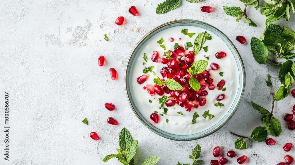 Fresh Greek Yogurt with Pomegranate and Mint Garnish Fresh Greek Yogurt with Pomegranate and Mint Garnish