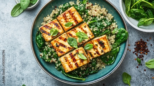 Grilled Tofu with Quinoa and Sautéed Spinach Bowl