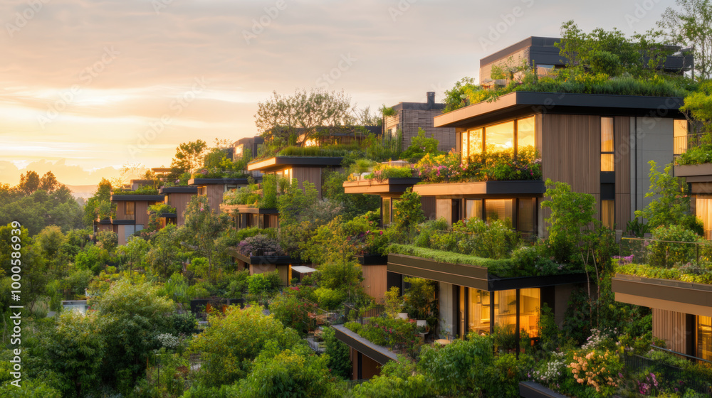 Obraz premium Modern hillside homes with lush, green rooftop gardens bask in the warm glow of a sunset, blending architecture seamlessly with nature.