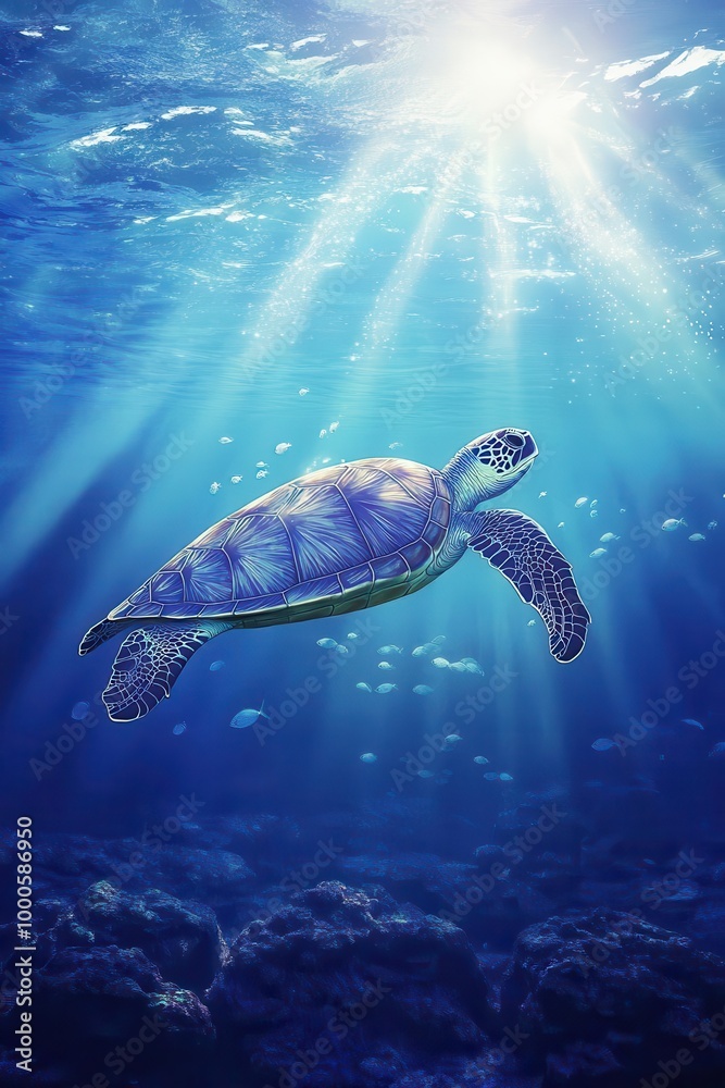 Fototapeta premium A serene underwater scene featuring a large sea turtle gliding effortlessly through the deep blue ocean