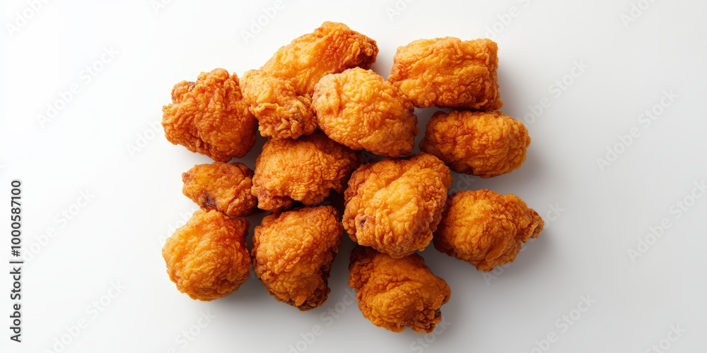 A delicious pile of golden, crispy fried chicken pieces on a white background, enticing and ready to be enjoyed as a tasty meal or snack. A delicious pile of golden, crispy fried chicken pieces on a white background, enticing and ready to be enjoyed as a tasty meal or snack.