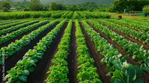 A lush, green vegetable farm with neatly planted rows extending towards the horizon, set against a backdrop of trees and distant hills.