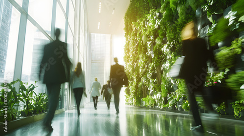 Abstract long exposure motion crowd business people walking commercial centre corporate green office in modern city lobby. Green sustainability natural light indoor plants garden environment