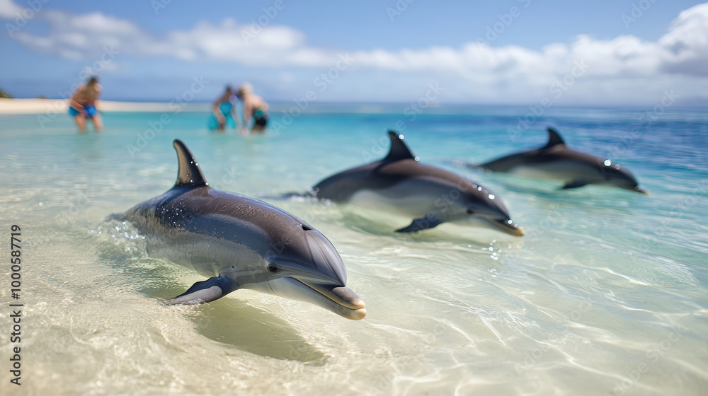 Fototapeta premium Three dolphins swim close to the shore in crystal-clear waters as beachgoers wade in the background under a bright blue sky.