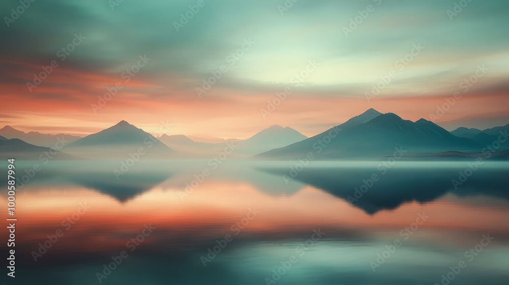 Naklejka premium A serene landscape of misty mountains reflected in a calm lake at dawn, showcasing a gradient of soft, pastel colors in the sky.