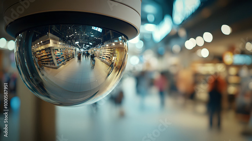 large dome-shaped security camera lens surveillance CCTV busy retail store grocery supermarket store monitoring secure modern shopping shoppers shoplift shoplifting crime theft technology advanced